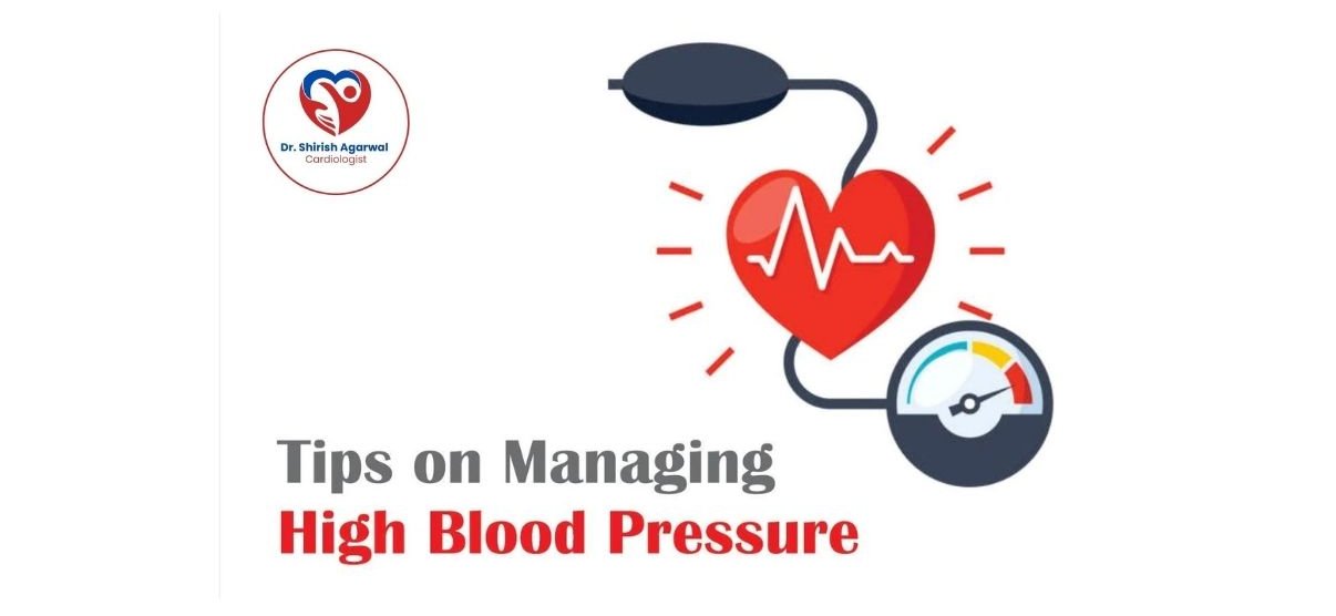 Illustration of high blood pressure management tips showing a heart, a blood pressure monitor, and a gauge indicating elevated levels.