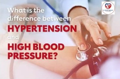 Doctor measuring blood pressure with a stethoscope, text asking the difference between hypertension and high blood pressure.