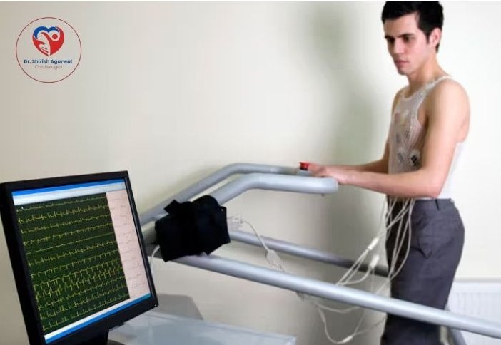 A man undergoing a stress test on a TMT treadmill with ECG monitoring.