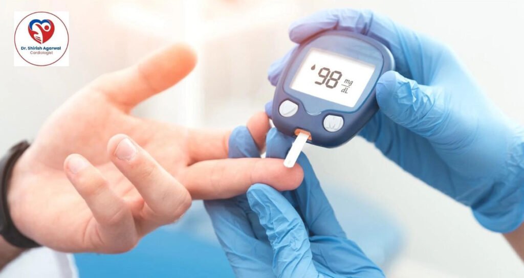 Blood sugar test being conducted using a glucose meter, with a reading of 98 mg/dL for Diabetes