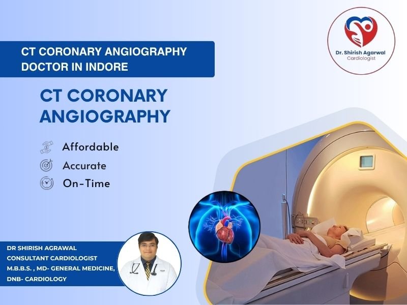 CT Coronary Angiography promotion banner featuring Dr. Shirish Agrawal, showing a patient undergoing a CT scan and highlighting benefits like affordability, accuracy, and timely service.