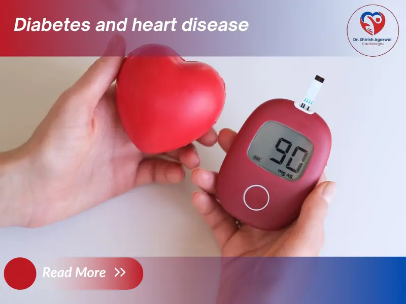 Diabetes and heart disease showing blood sugar monitor and heart model during cardiac awareness