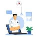 Illustration of a healthcare professional standing with arms crossed, emerging from a laptop screen in a virtual consultation setting.