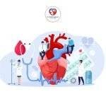 Medical team working around a heart model with stethoscope, ECG chart, and intravenous drip, symbolizing cardiology care.