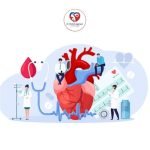 Medical team working around a heart model with stethoscope, ECG chart, and intravenous drip, symbolizing cardiology care.