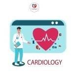 Illustration of a doctor standing next to a heart symbol with an electrocardiogram line, surrounded by nutritional elements (K, Ca, Mg, etc.) representing cardiology.