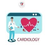 Illustration of a doctor standing next to a heart symbol with an electrocardiogram line, surrounded by nutritional elements (K, Ca, Mg, etc.) representing cardiology.